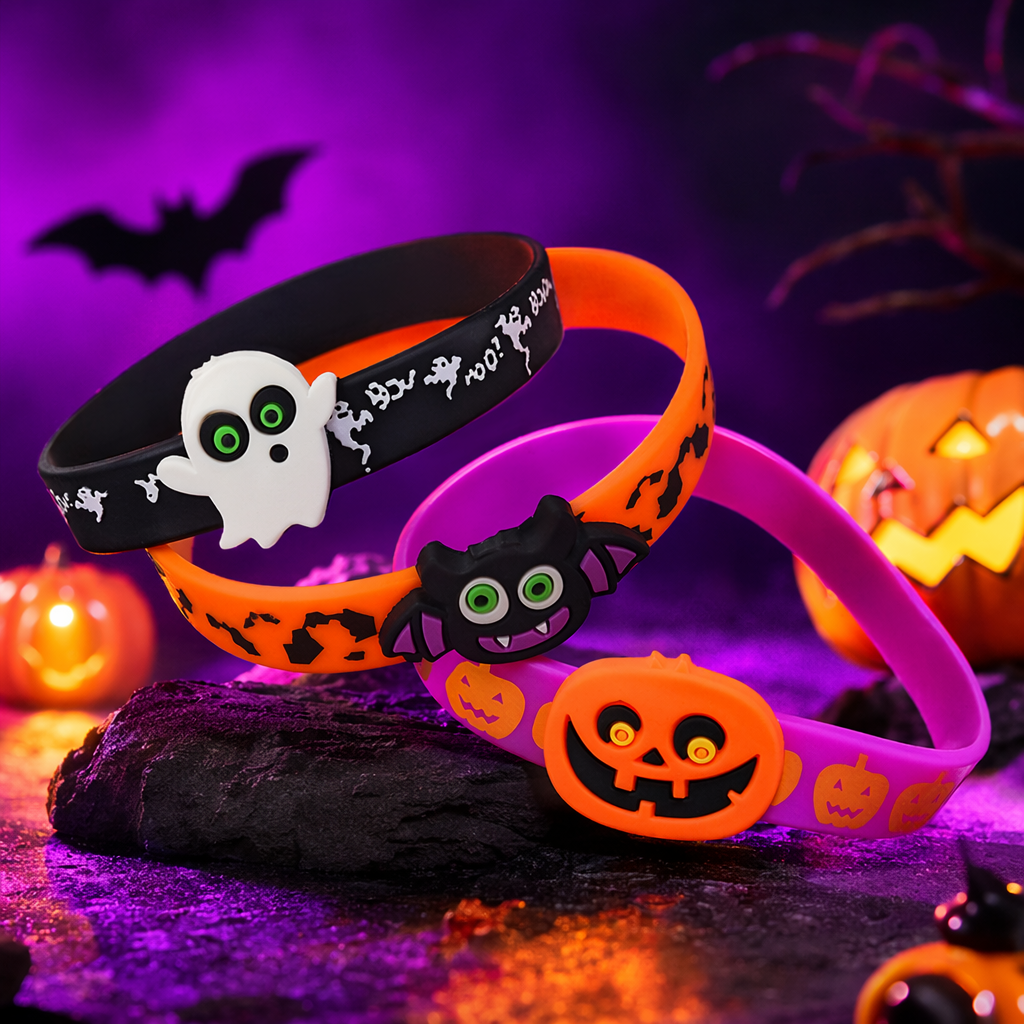 Colorful Halloween ghost bat pumpkin shaped plastic wristband Specification image