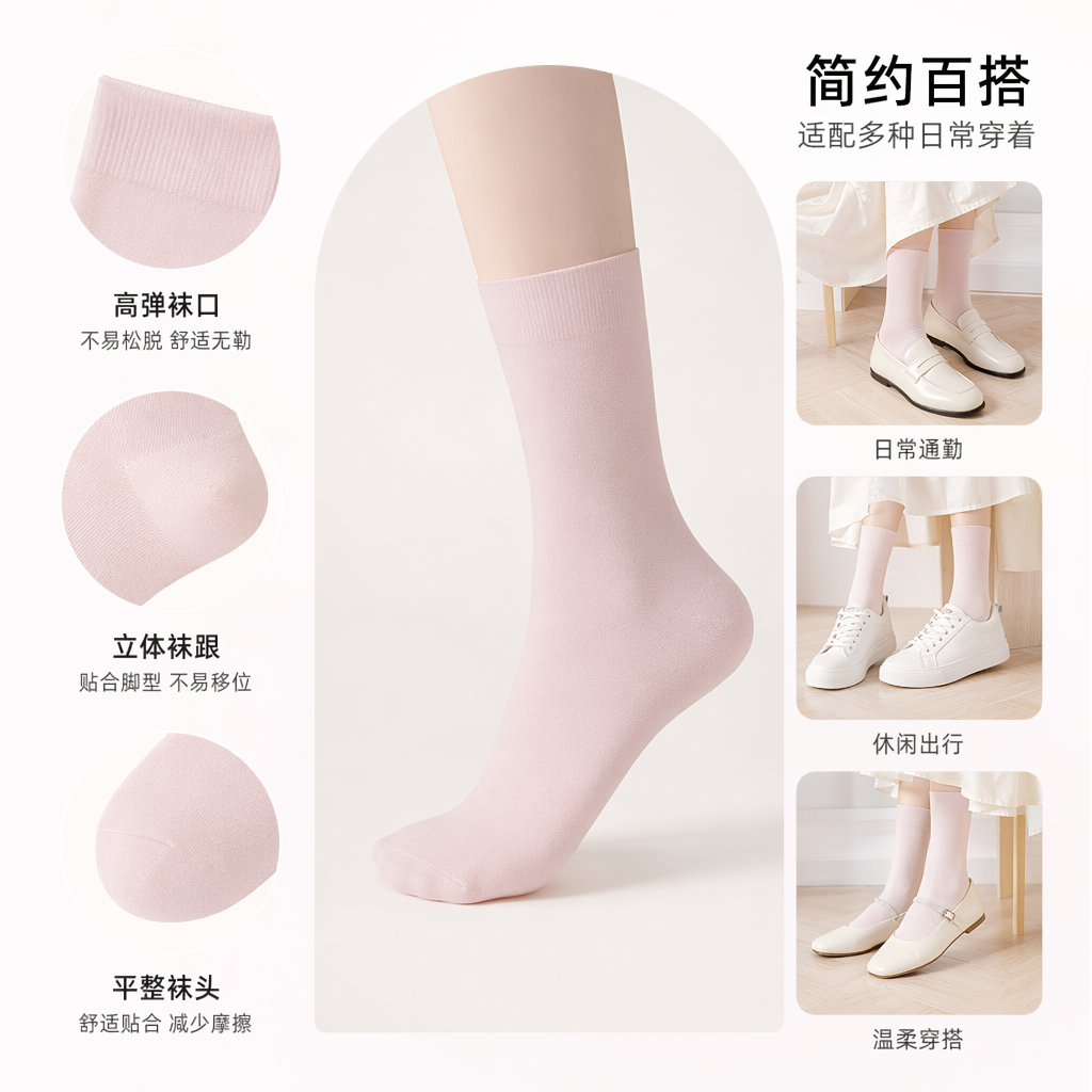 粉色纯棉中筒袜 女款百搭舒适透气吸汗图