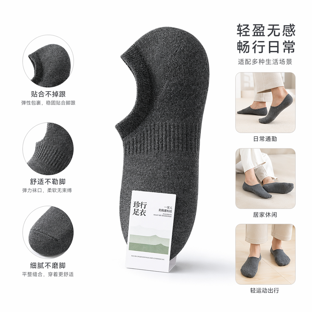 深灰色女式浅口袜 透气棉质防滑船袜