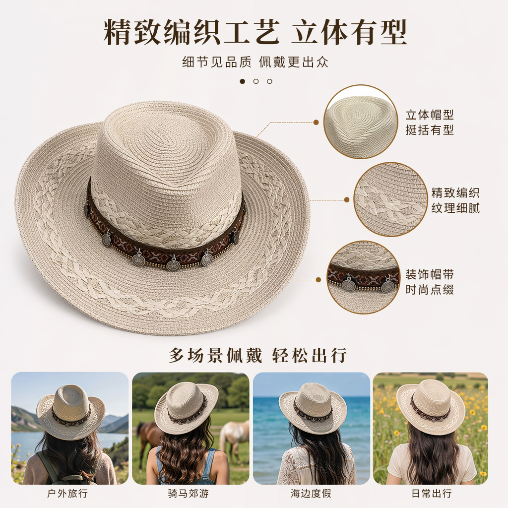 米白色草编牛仔帽 女士夏季遮阳透气休闲帽