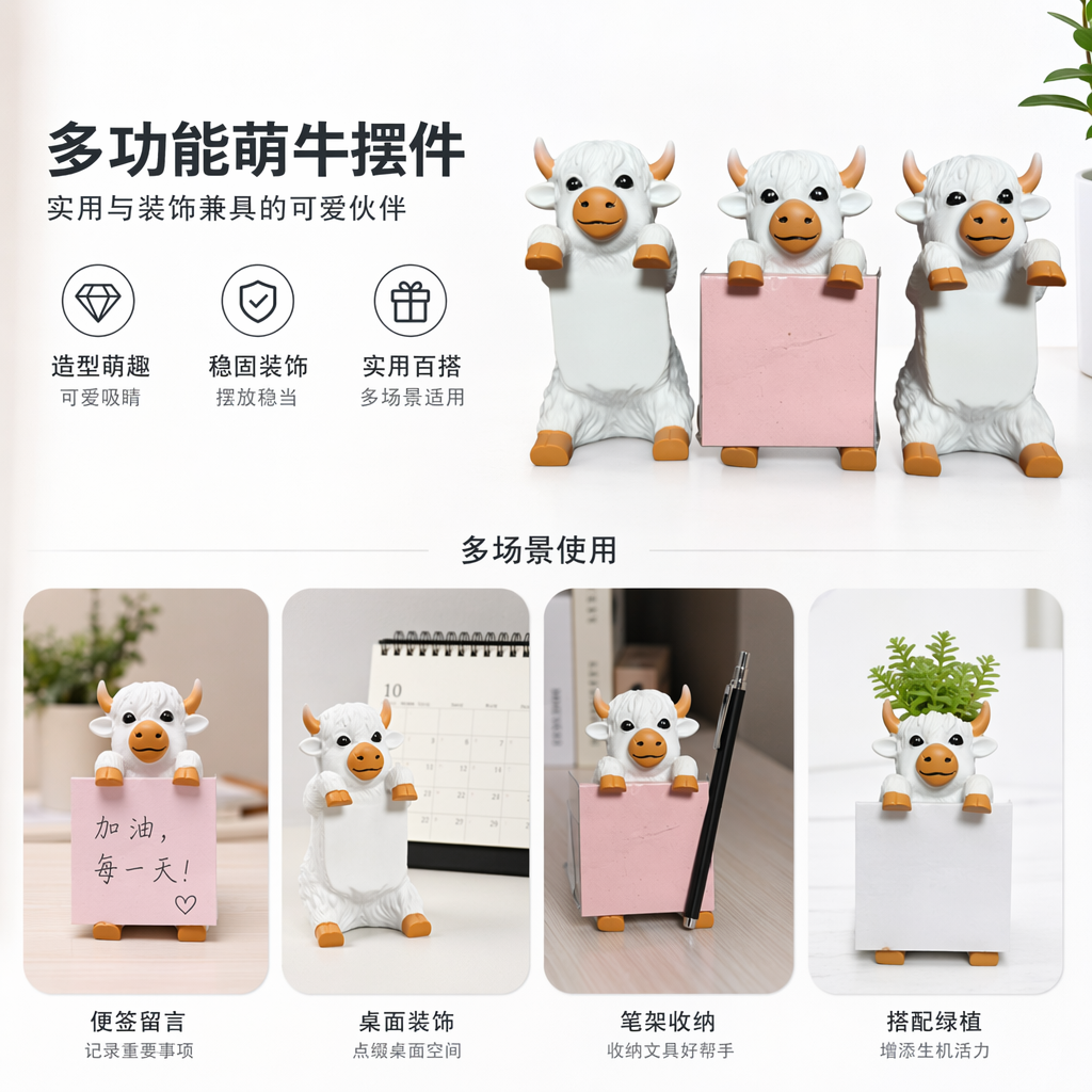 三只白色牛形摆件 中间牛抱粉色方块客厅装饰陶瓷工艺品