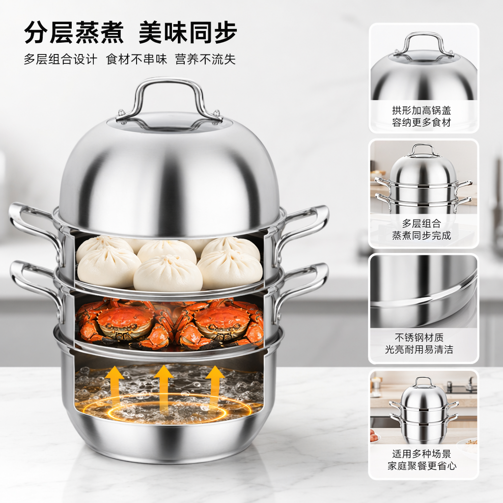银色不锈钢蒸锅家用多层可叠加大容量健康蒸笼