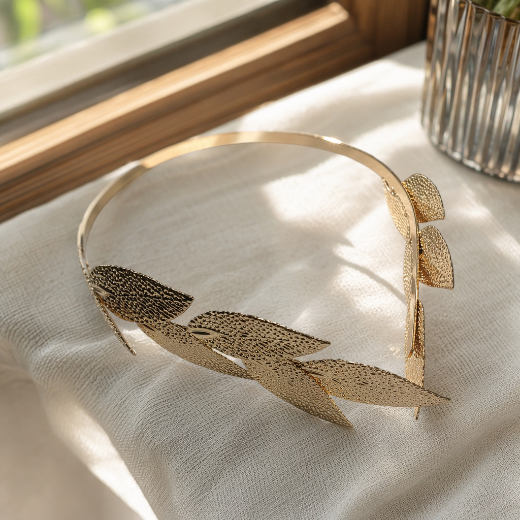 Golden leaf-shaped headwear with artificial plant decoration is a festive party bride's accessory details Picture