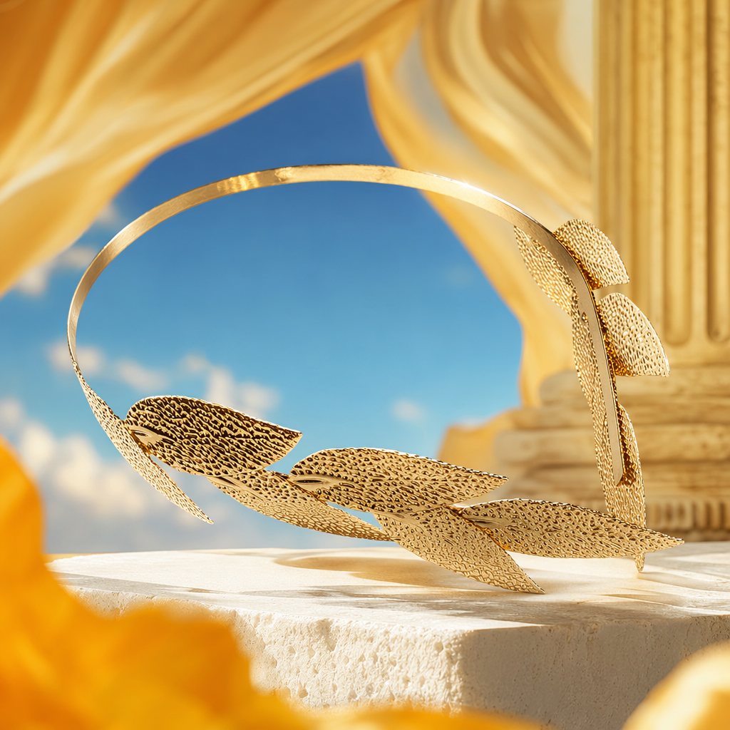 Golden leaf-shaped headwear with artificial plant decoration is a festive party bride's accessory Specification image