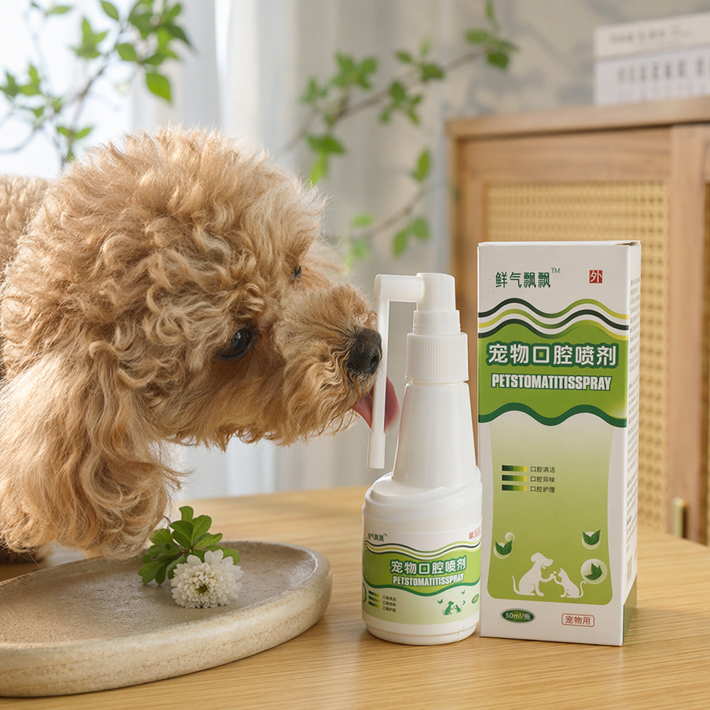 Pet oral spray in a green packaging box with a white spray bottle details Picture