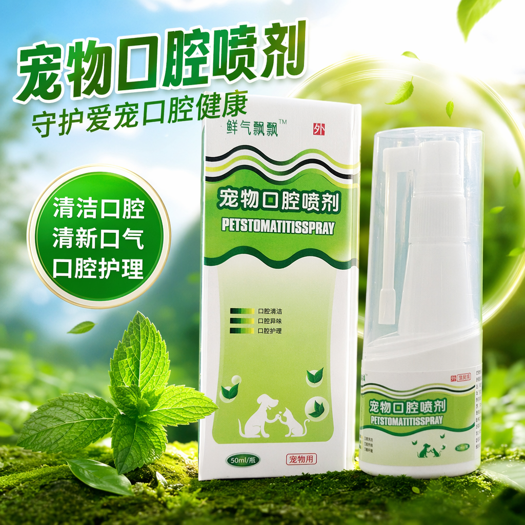 Pet oral spray in a green packaging box with a white spray bottle Specification image