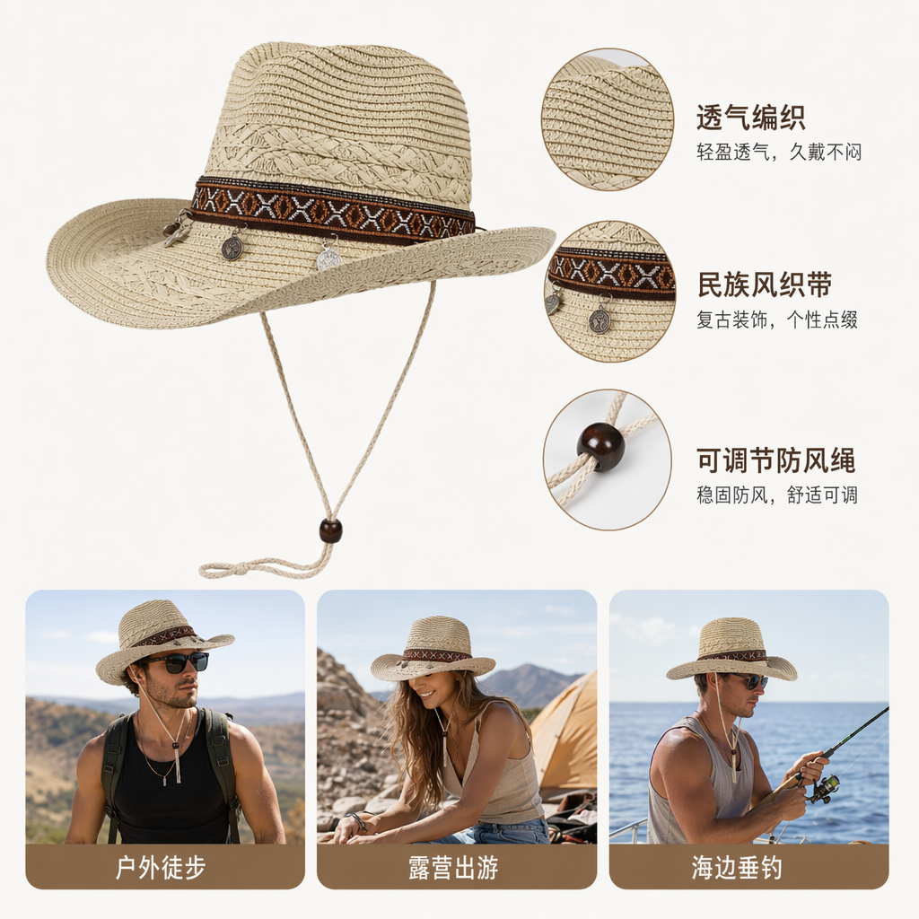 米色草编牛仔帽 女夏遮阳透气休闲渔夫帽
