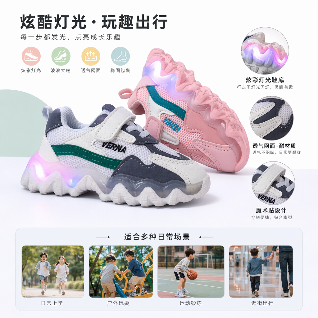 彩色发光儿童运动鞋 透气舒适防滑耐磨夜光跑步鞋