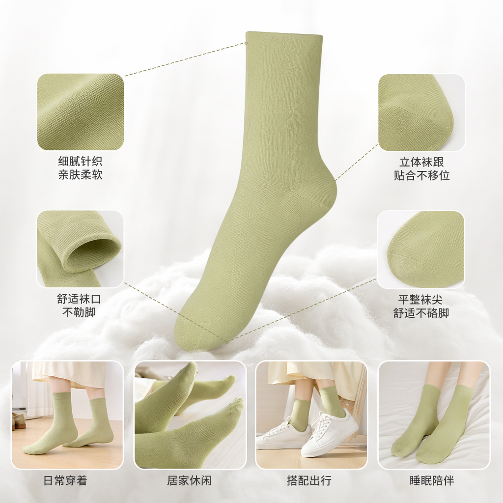 青草绿女士堆堆袜纯棉透气显瘦百搭中筒袜
