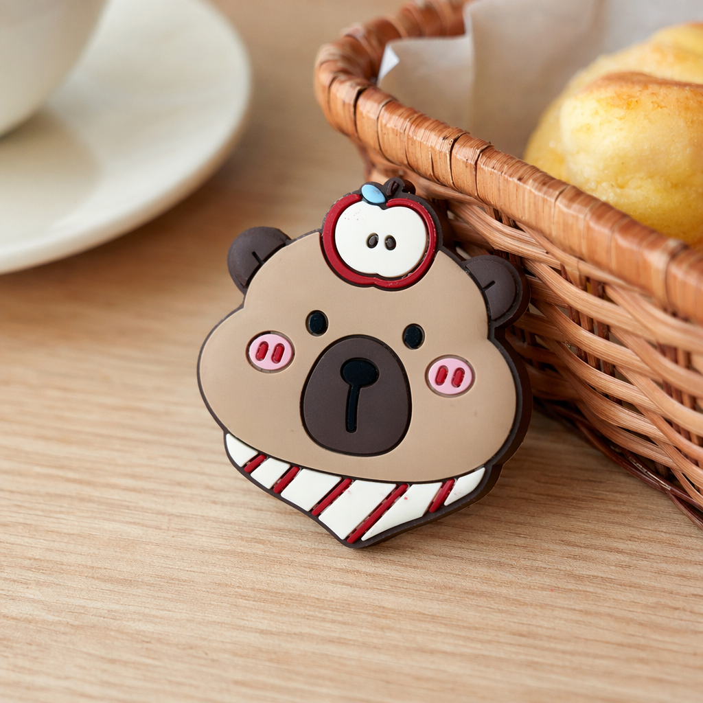 A cute plush keychain with a brown cartoon bear head pendant, an apple neck on top and a red and white striped scarf details Picture