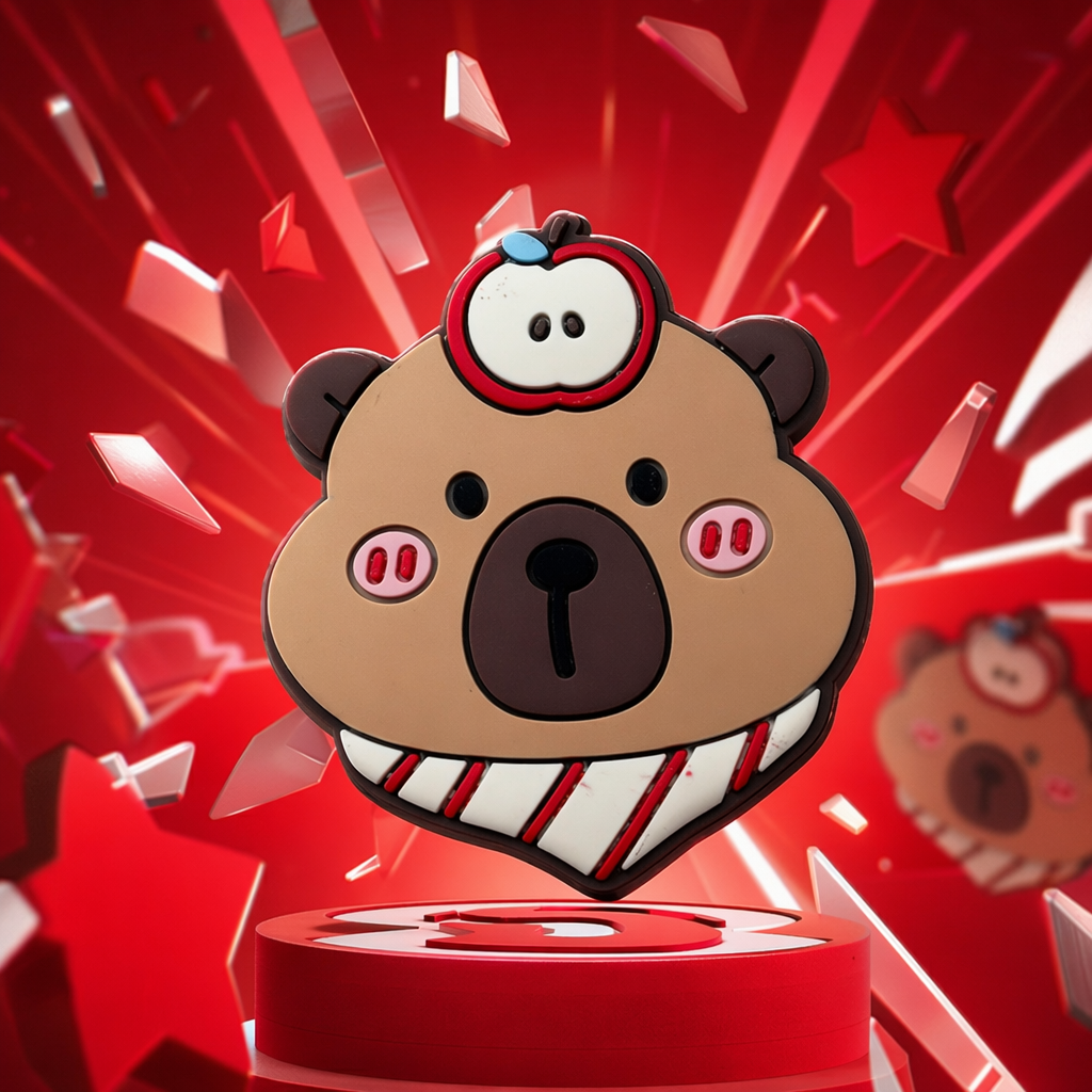 A cute plush keychain with a brown cartoon bear head pendant, an apple neck on top and a red and white striped scarf Specification image