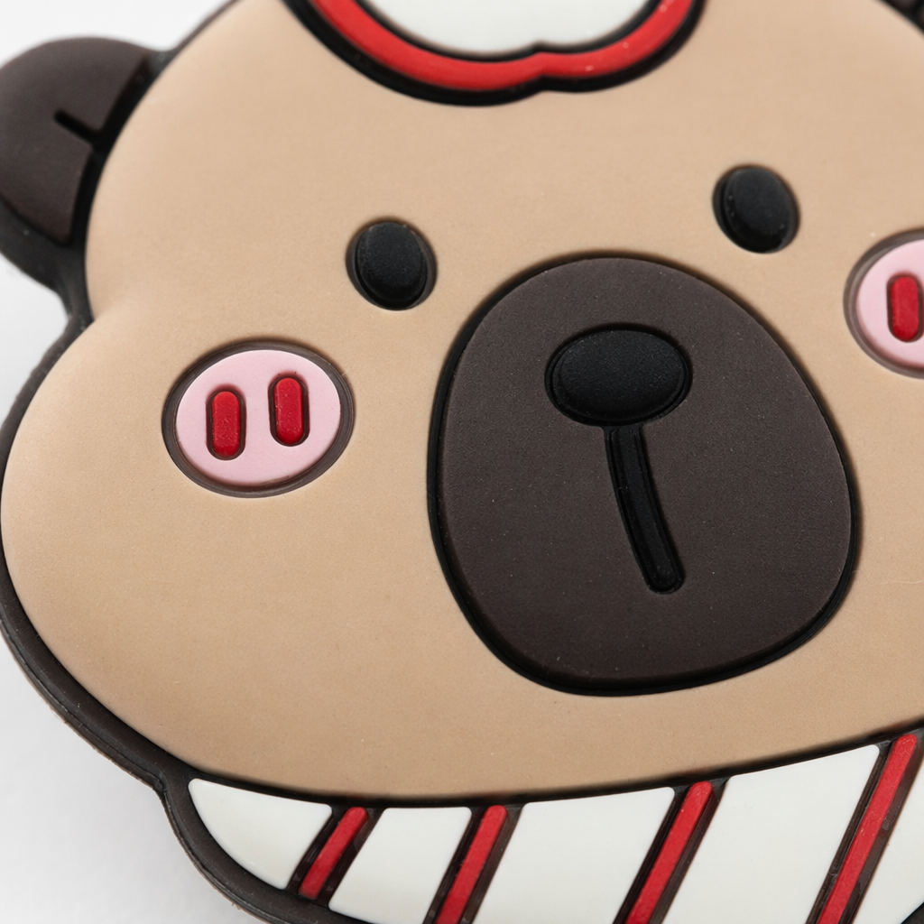 A cute plush keychain with a brown cartoon bear head pendant, an apple neck on top and a red and white striped scarf Application Scenario