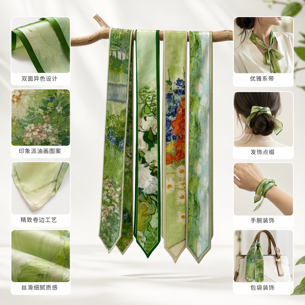 绿色丝巾挂树枝背景花瓶枝条装饰摄影道具