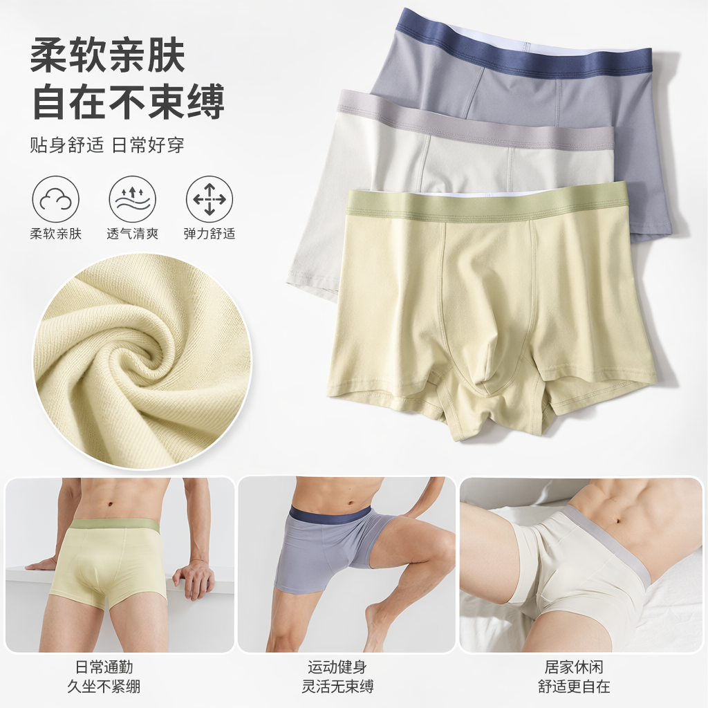 三色纯棉内裤灰色米白浅黄叠放装腰边饰边