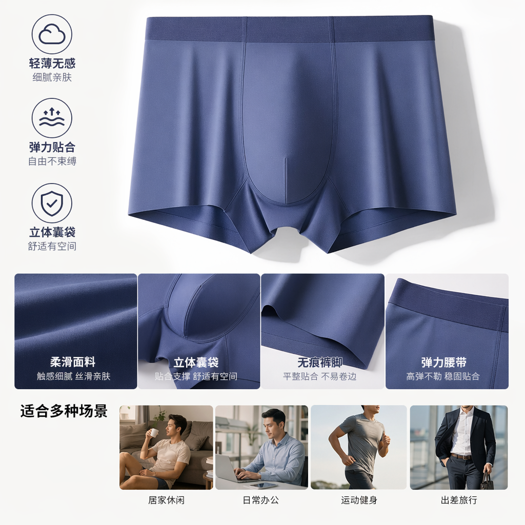 蓝色莫代尔男士内裤四角贴身柔软亲肤