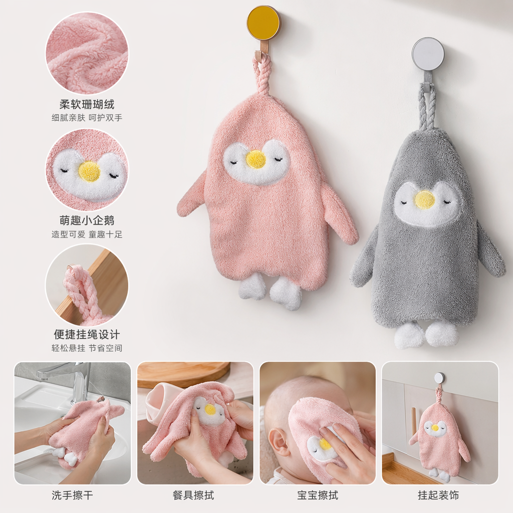 灰色企鹅毛巾挂件 粉色企鹅毛巾挂件 可爱萌趣浴室装饰