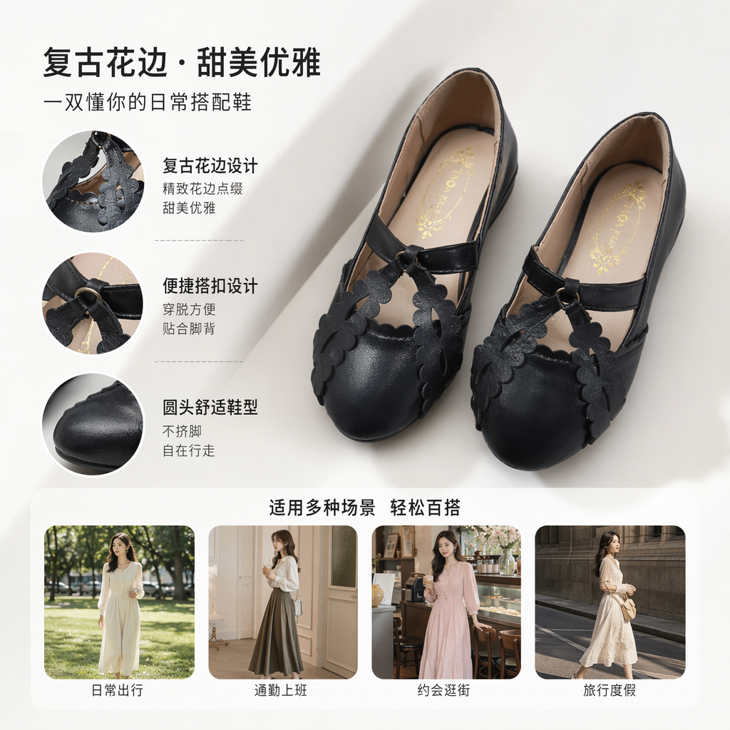 黑色蕾丝装饰女童皮鞋 时尚百搭舒适透气儿童单鞋