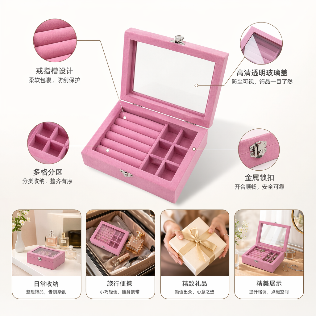 粉色绒面首饰盒简约收纳盒女生生日礼物礼盒装