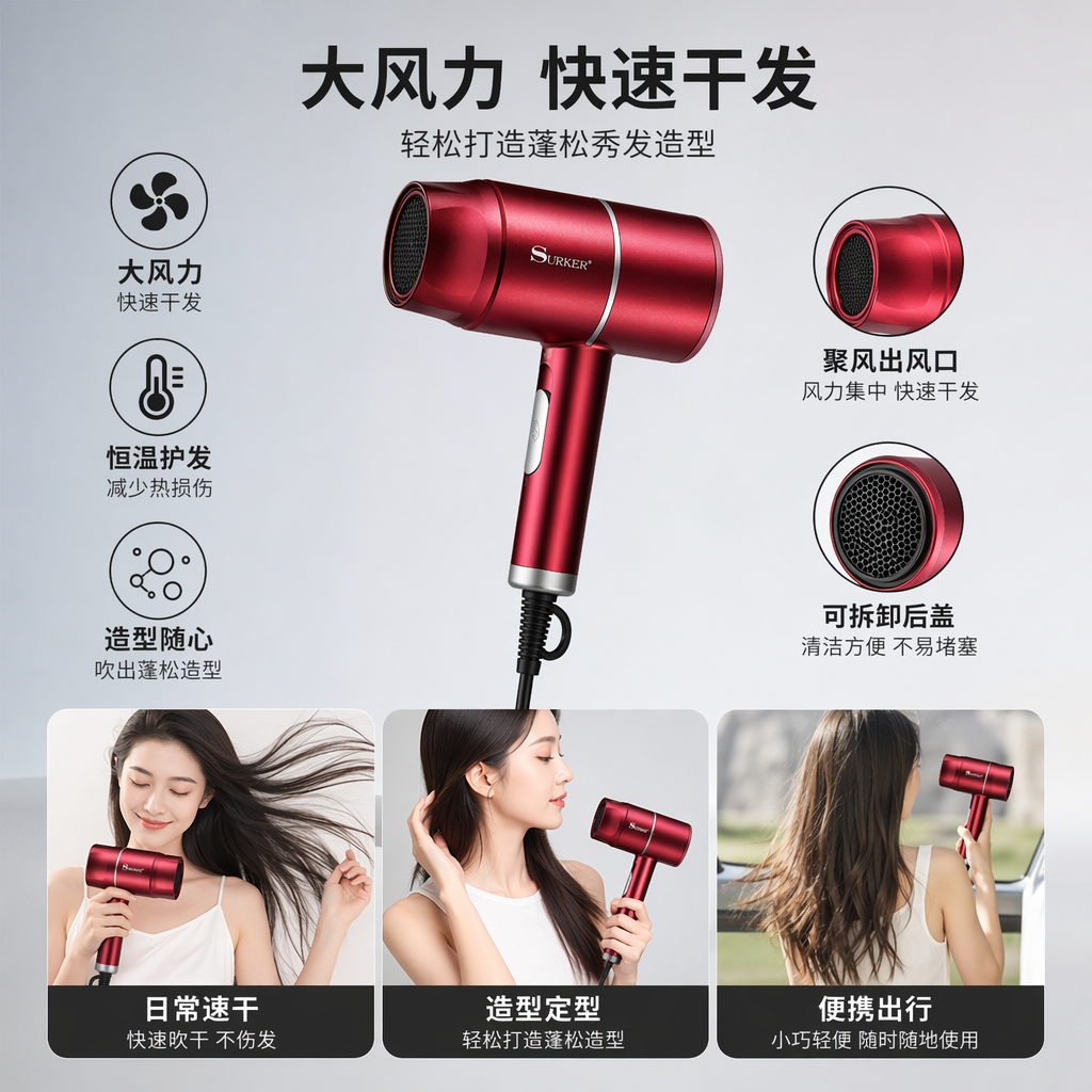 红色吹风机家用负离子速干静音大风力护发美发工具