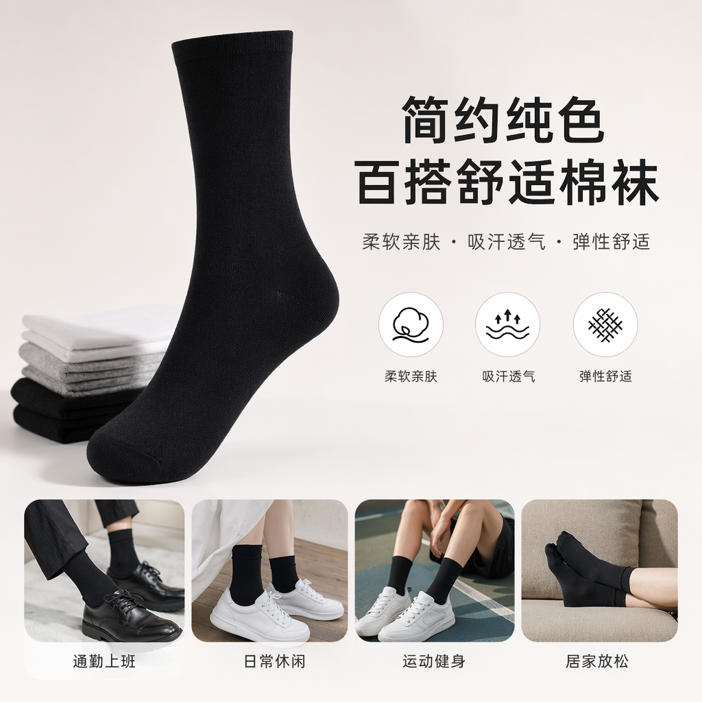 黑色纯棉男士袜子 透气吸汗 舒适弹力中筒袜