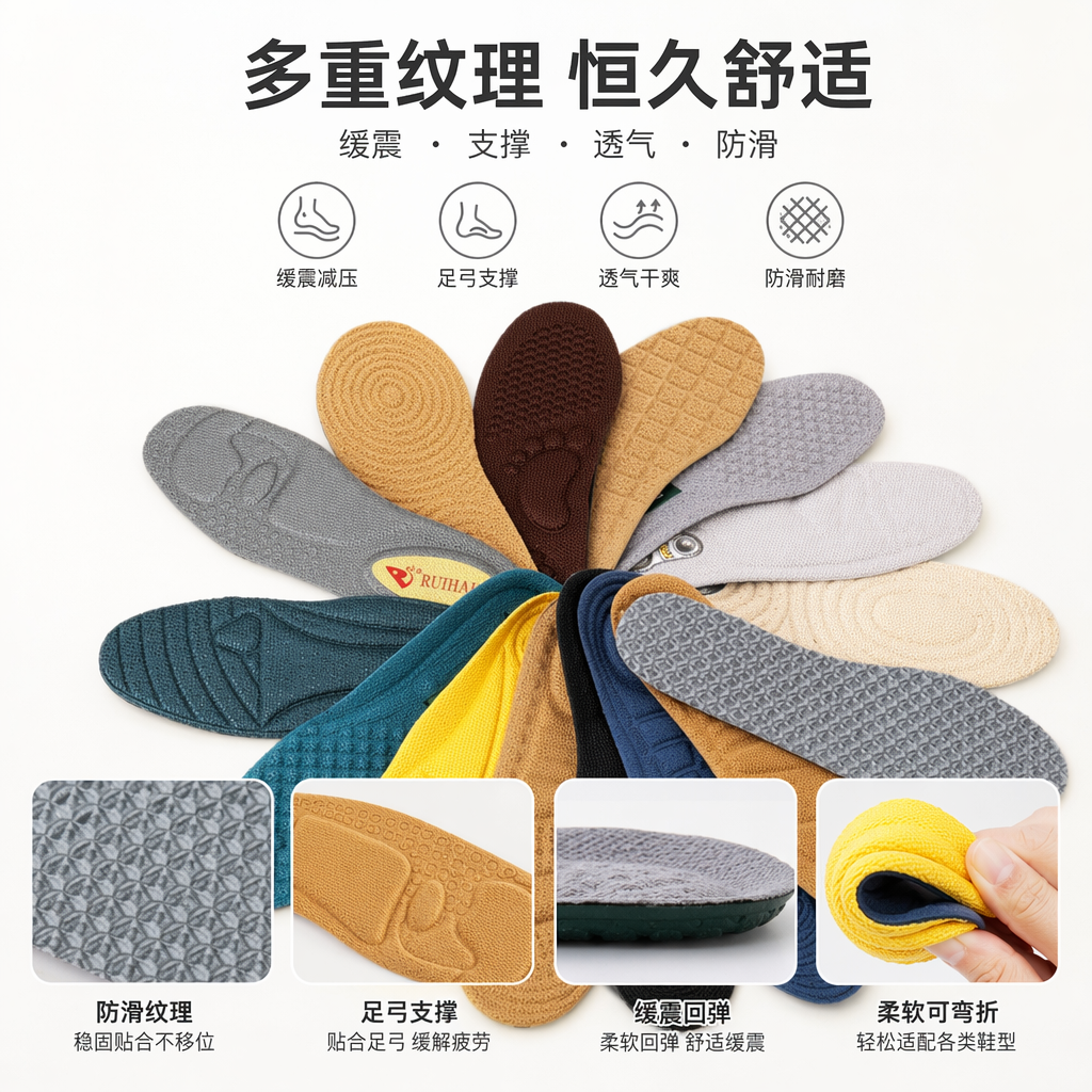 Colorful anti-slip sweat-absorbing insoles, comfortable and breathable, unisex height-increasing invisible insoles