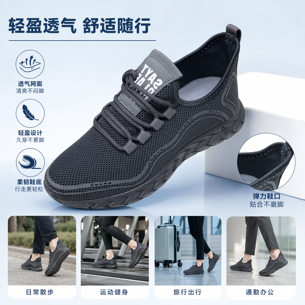 灰色网面运动鞋男款透气轻便缓震跑步鞋