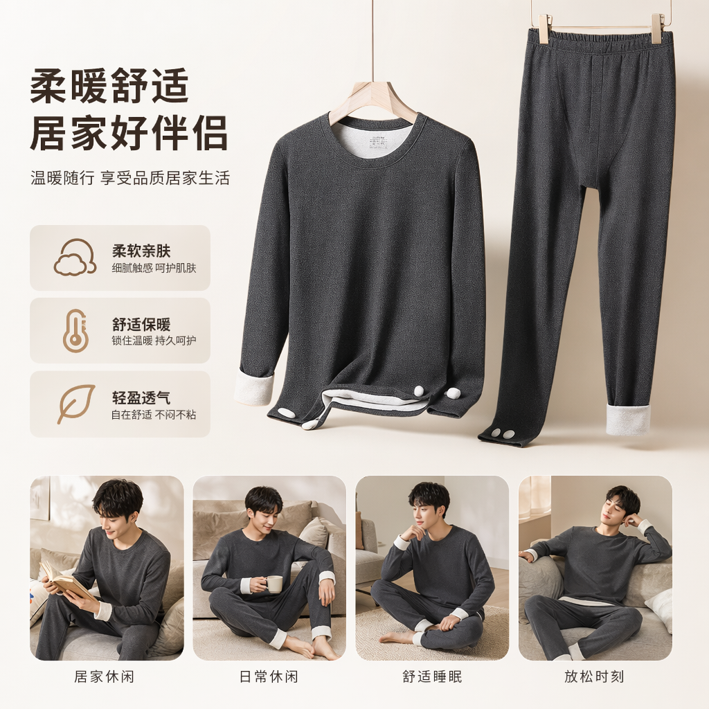 灰色羊毛保暖蚕丝养肤家居服套装男秋冬舒适亲肤