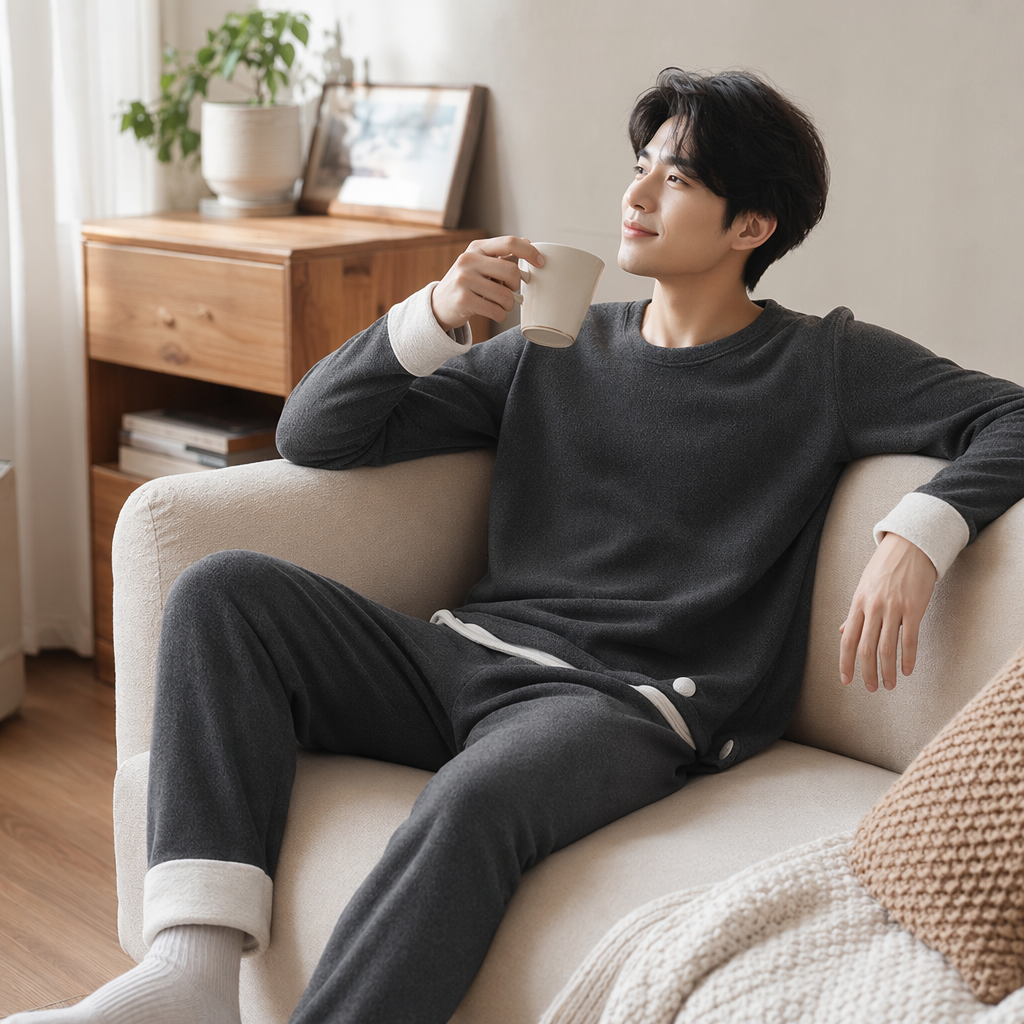 灰色羊毛保暖蚕丝养肤家居服套装男秋冬舒适亲肤产品图