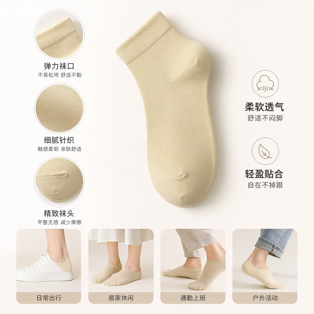 浅黄纯棉中筒袜 透气吸汗舒适百搭