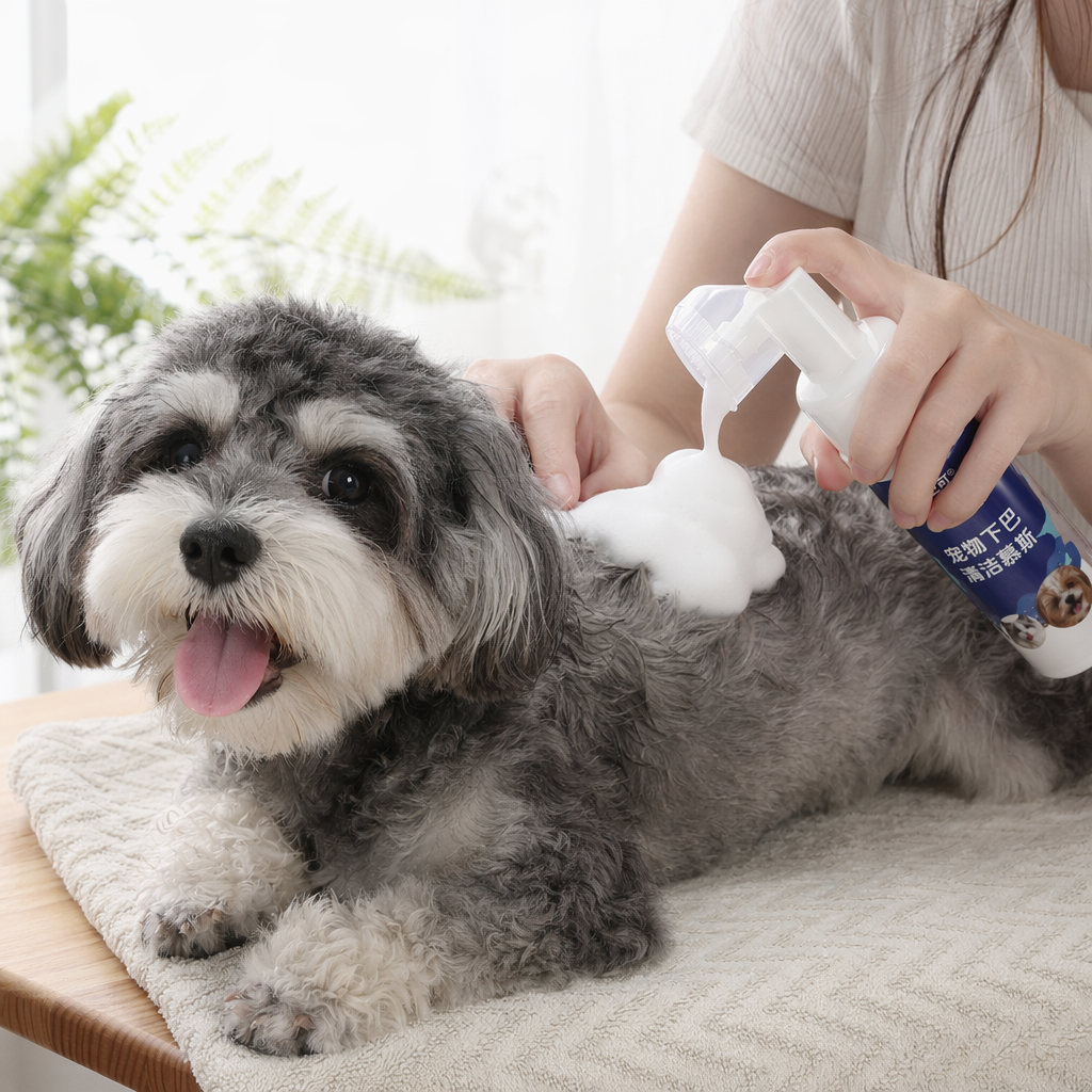 White bottle with blue label pet cleaning mousse, pet-specific deodorizing and sterilizing foam details Picture
