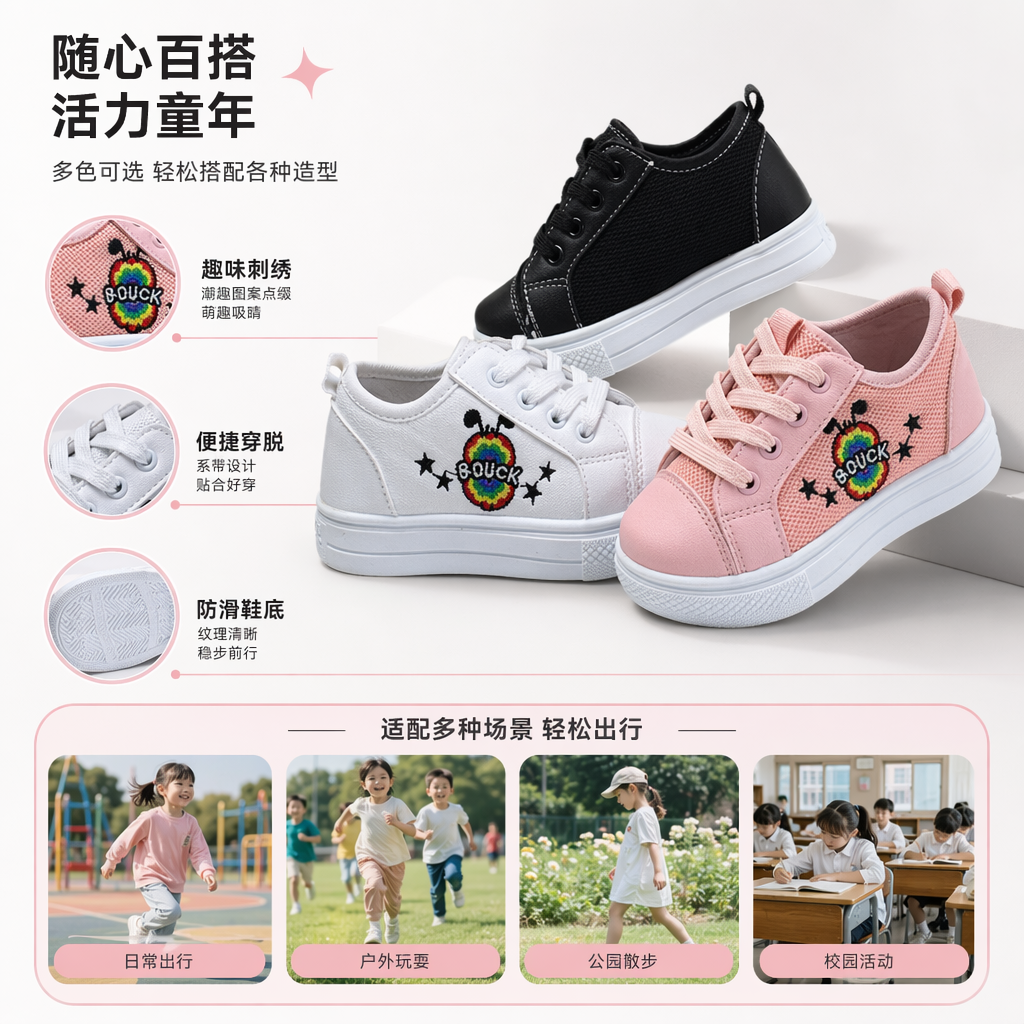 Three pairs of children's casual shoes in pink, white and black