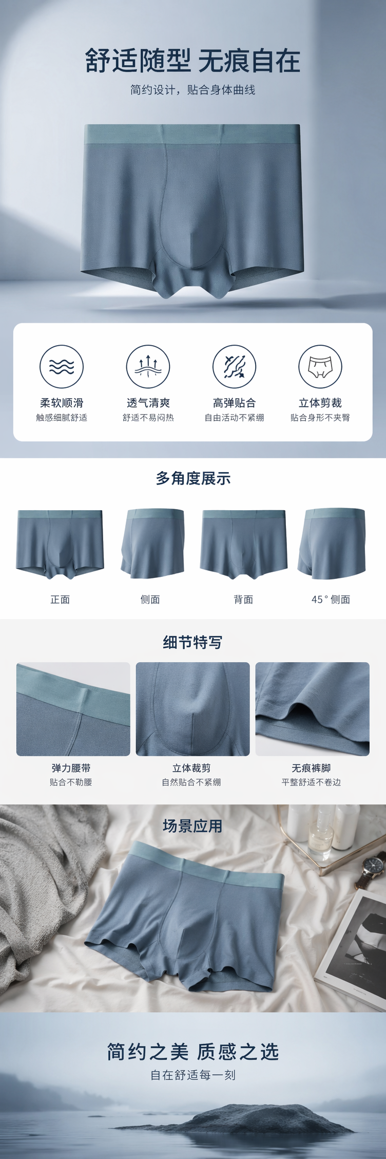 青蓝色纯棉男士内裤 简约舒适透气四角短裤详情1
