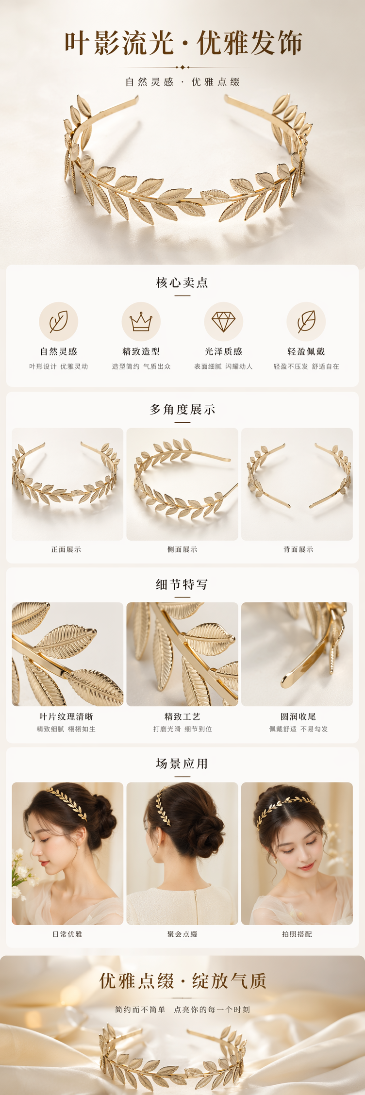 金色叶形发箍 时尚简约百搭女士头饰详情1