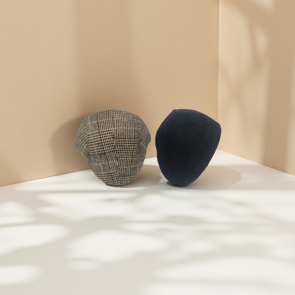Black knitted cap with checkered pattern, unisex warm woolen cap details Picture