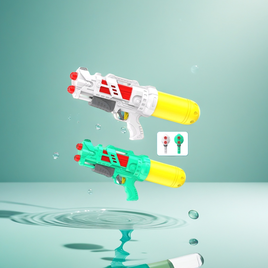 A white and green water gun with a yellow water storage tank and red and gray details, a children's summer toy details Picture