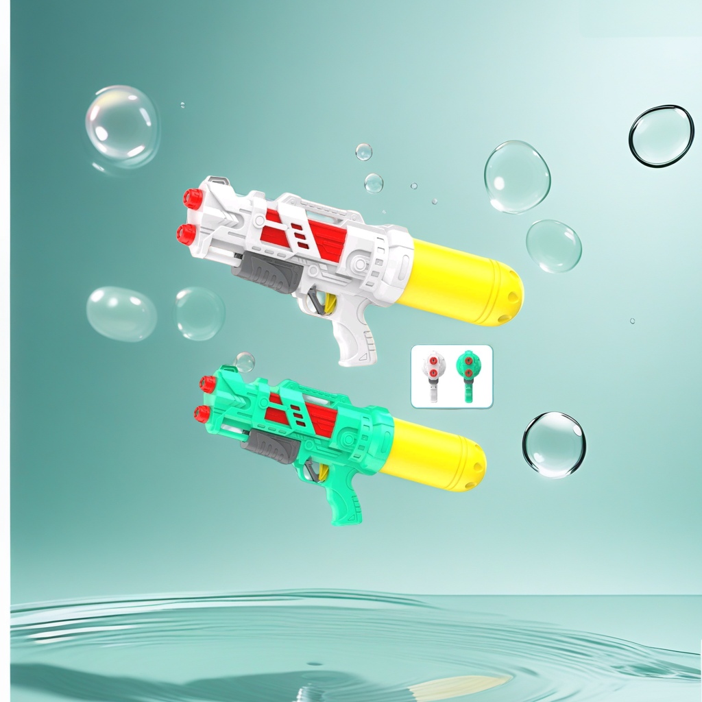 A white and green water gun with a yellow water storage tank and red and gray details, a children's summer toy Specification image