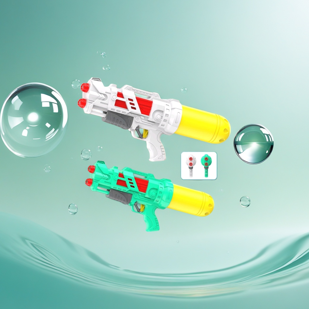 A white and green water gun with a yellow water storage tank and red and gray details, a children's summer toy Application Scenario