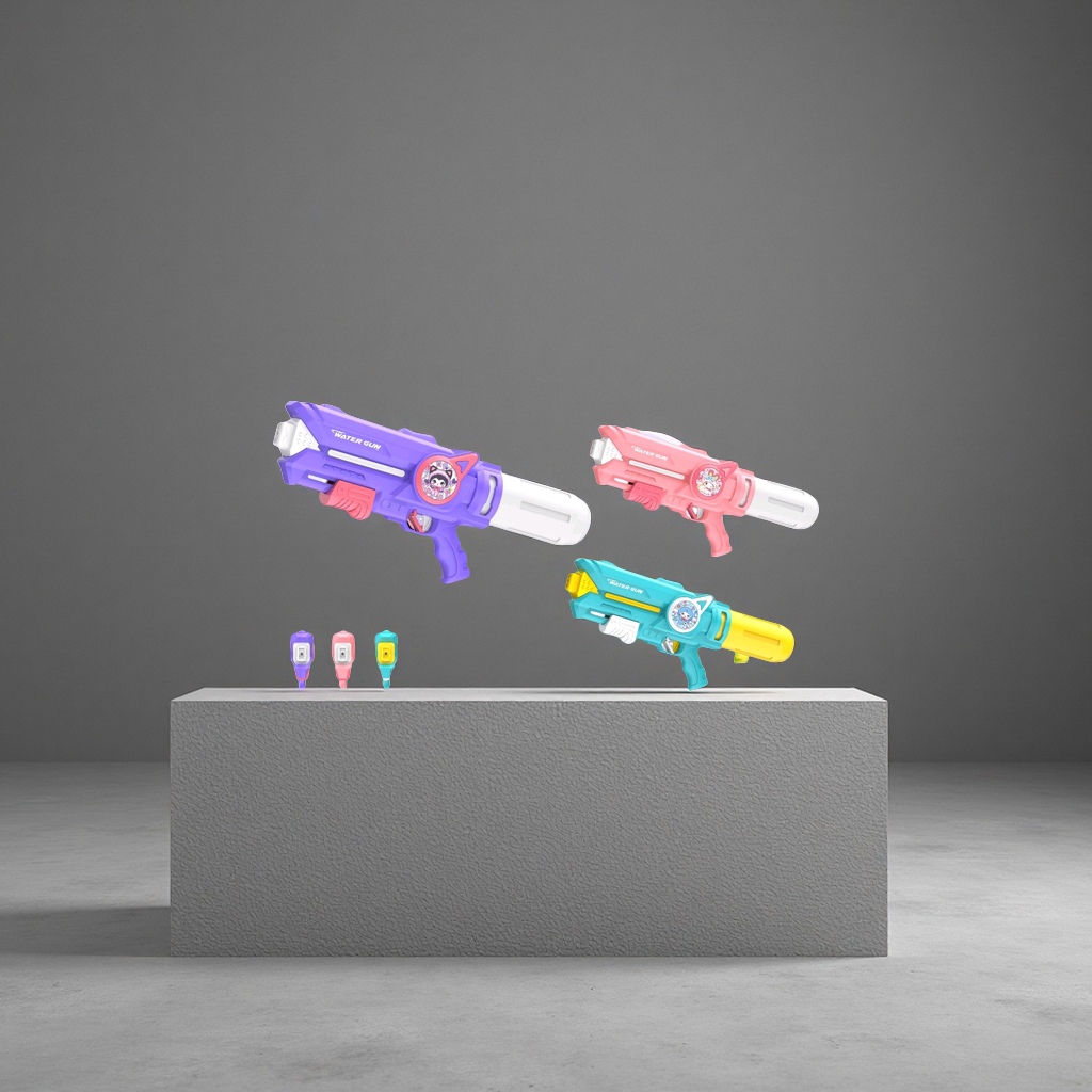 Three types of soda guns in purple, pink and blue, with white and yellow water storage tanks, cartoon stickers and a light purple and blue gradient background details Picture