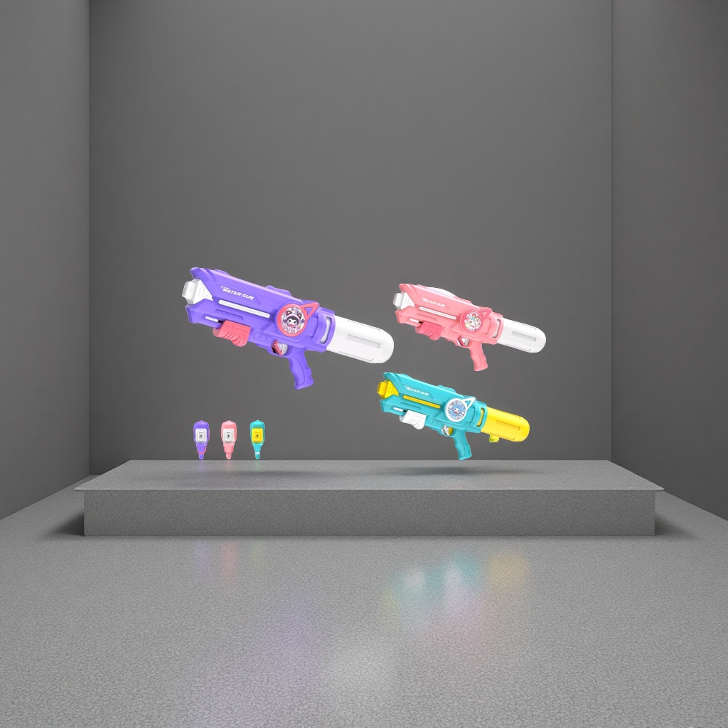Three types of soda guns in purple, pink and blue, with white and yellow water storage tanks, cartoon stickers and a light purple and blue gradient background Application Scenario