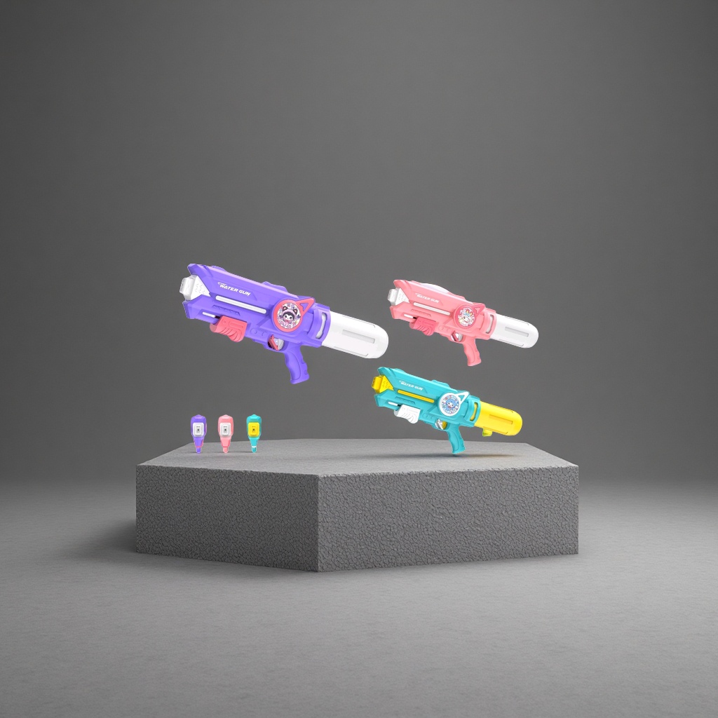 Three types of soda guns in purple, pink and blue, with white and yellow water storage tanks, cartoon stickers and a light purple and blue gradient background Specification image
