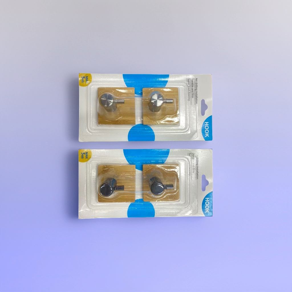 Two packs of metal hooks with bamboo bases, two in each pack. The upper row is silver and the lower row is black details Picture