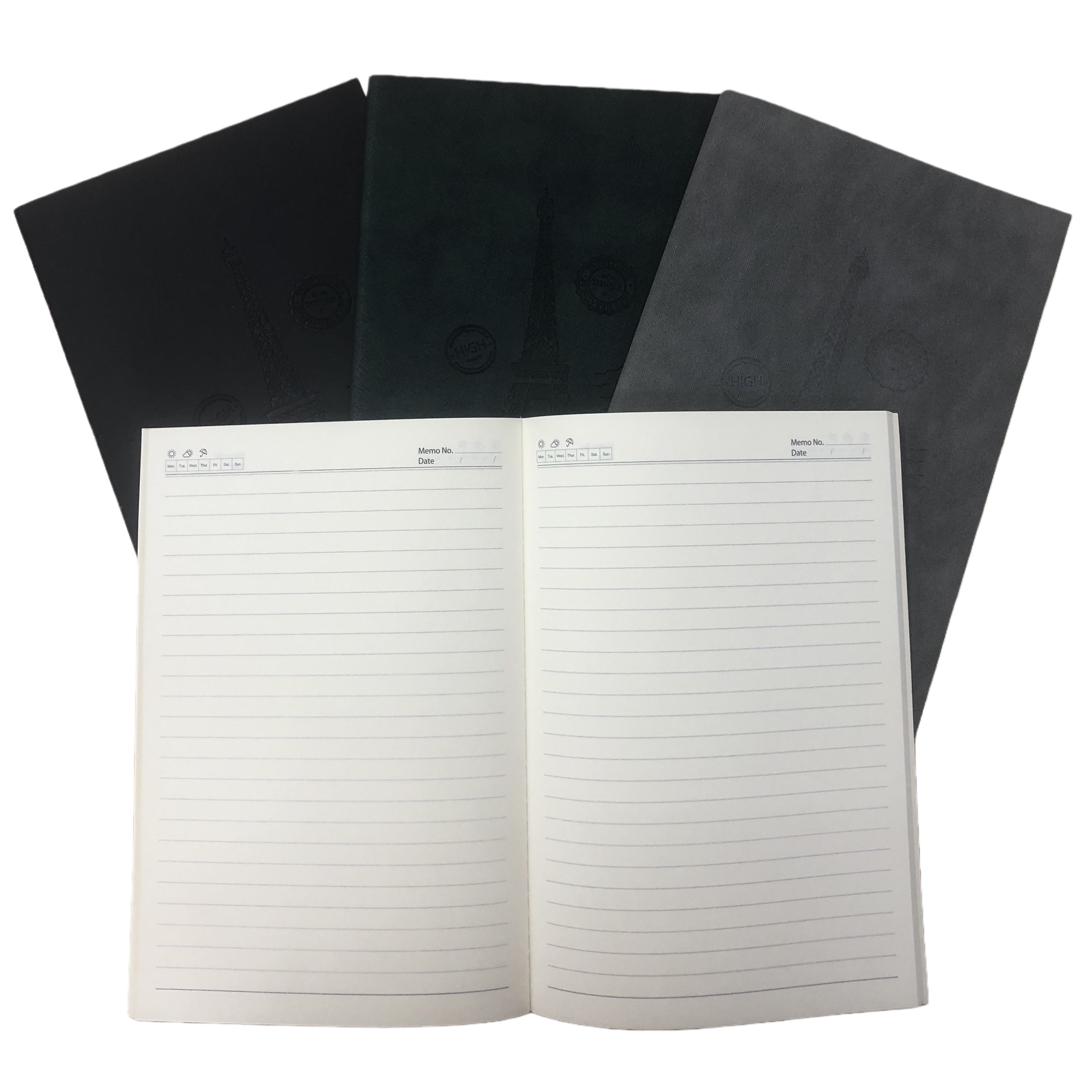 A simple business A5 coil notebook opened from three dark-covered notebooks Item Picture