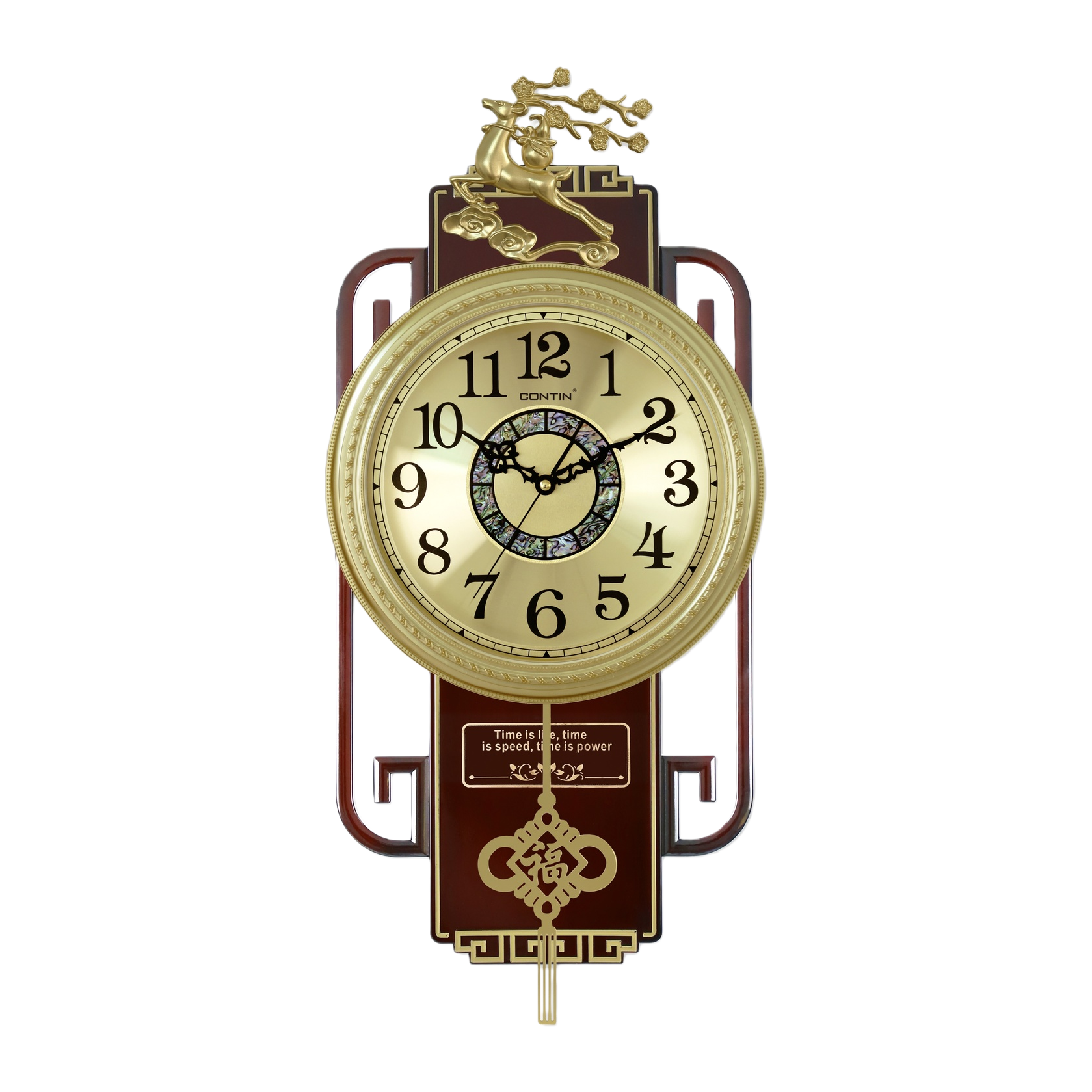 A golden deer-shaped decorative wall clock with a redwood base, a round shell-patterned dial, and Chinese "Fu" character tassels Item Picture