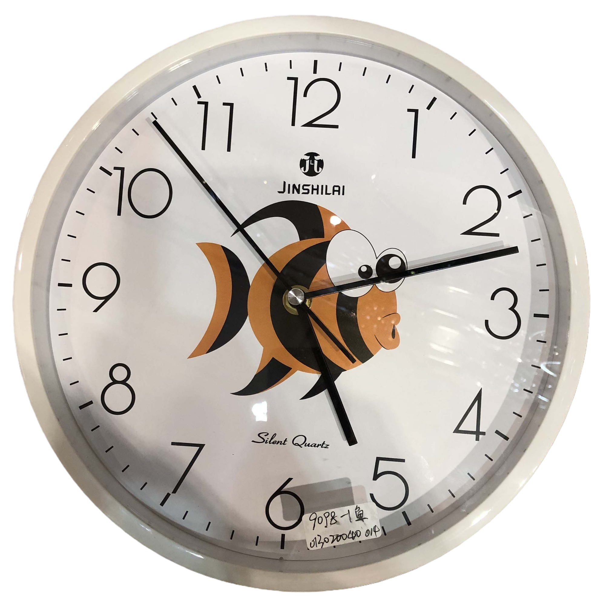 The Jinshilai silent quartz white round wall clock has an orange and black cartoon fish pattern hand in the center of the dial at 10:13 Item Picture
