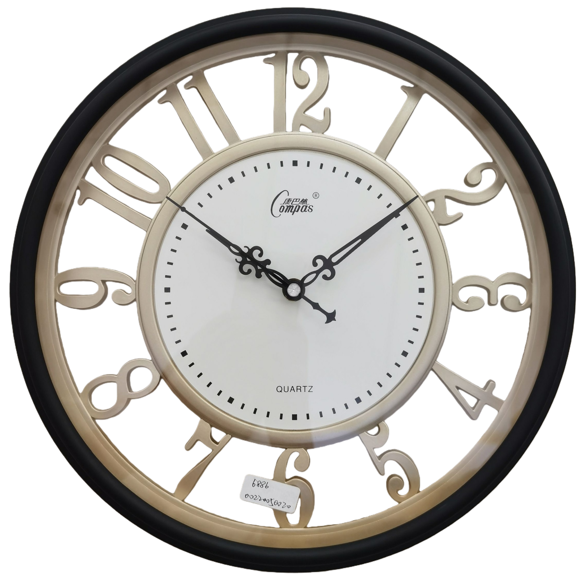 A modern and simple wall-mounted clock with black borders and golden numbers for the living room and bedroom Item Picture
