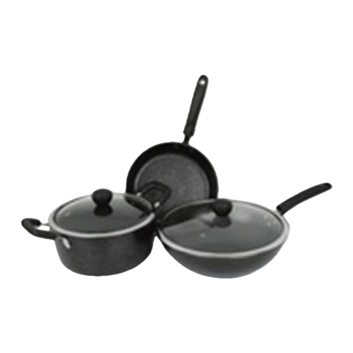 Black non-stick cookware set, a multi-functional kitchen cookware for home frying, stir-frying, stewing and boiling Item Picture