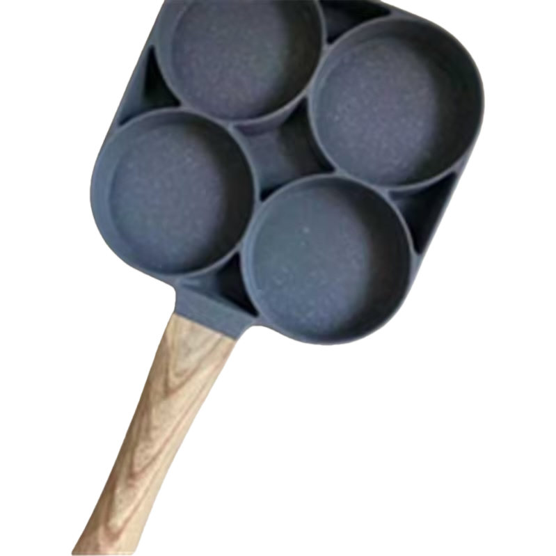 A grey five-hole frying pan with a wooden handle, non-stick, household kitchen cookware Item Picture