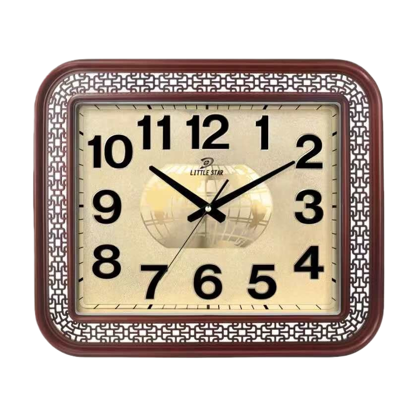 The reddish-brown oak-framed wall clock has a beige Earth pattern dial and black digital hour markers Item Picture