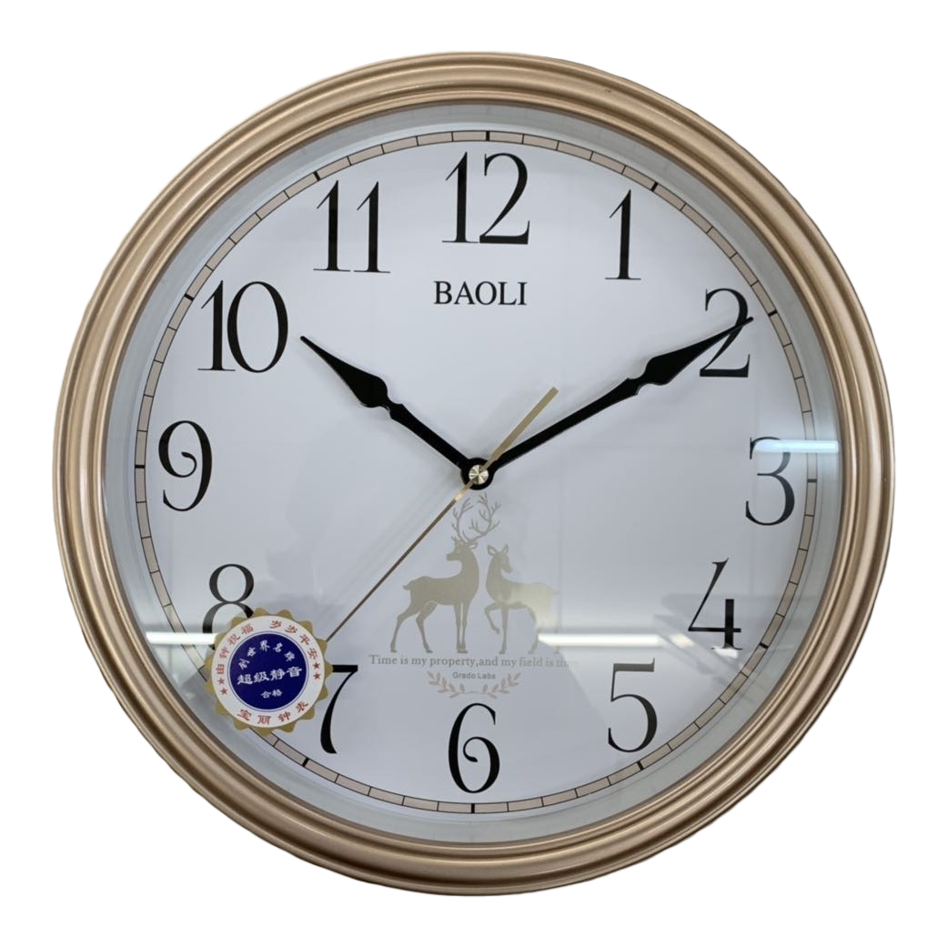 A simple wall-mounted clock with a golden frame for the living room and bedroom, featuring silent hands Item Picture