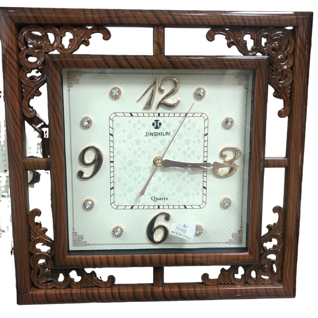 A simple Nordic-style wall clock with a brown carved wooden frame for the living room and bedroom Item Picture